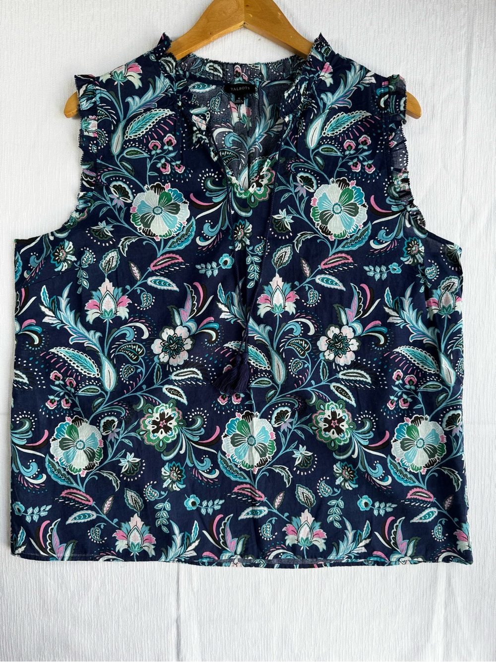 Talbots Blue Floral Paisley sleeveless Blouse Top Tassels XL 100% Cotton Boho